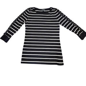 Lauren Ralph Lauren Navy Blue/White Striped 3/4 Lace Up Sleeve Boat Neck Size M